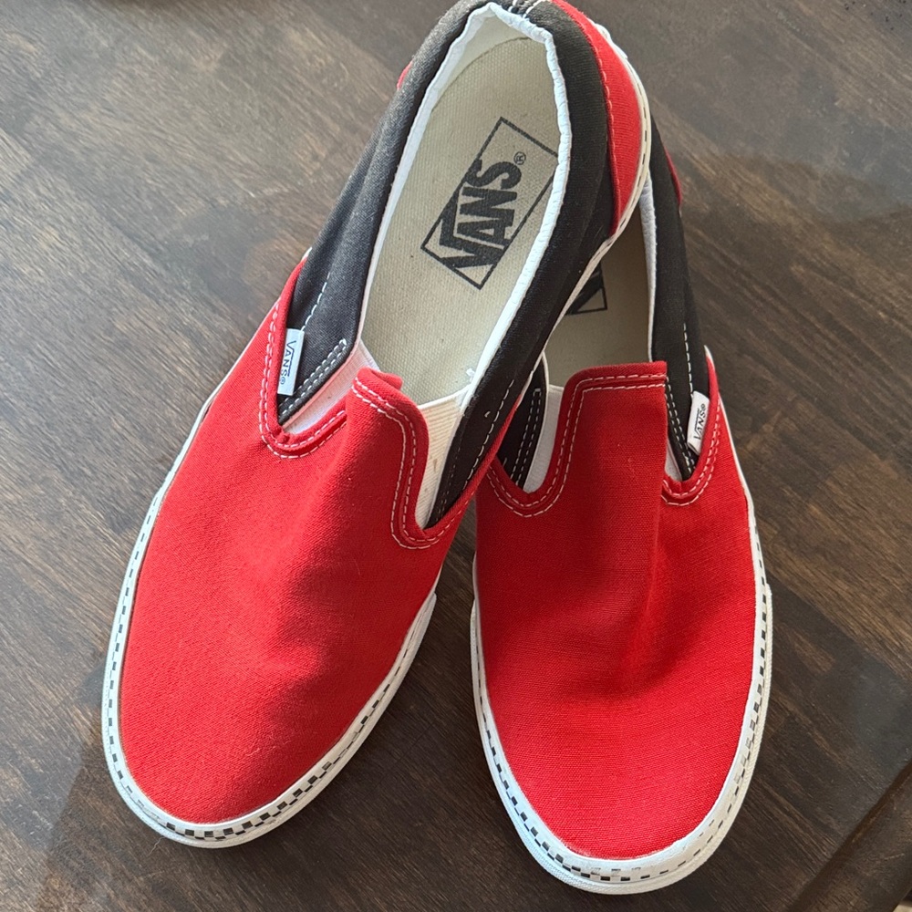 Vans Classic Red, Black and White Slip ons with Black and White Checkered soles